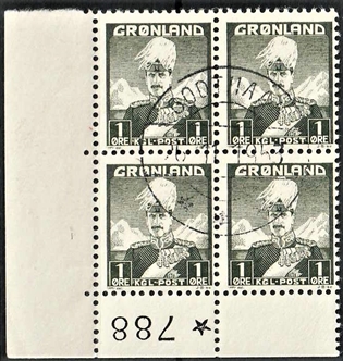 FRIMÆRKER GRØNLAND | 1938 - AFA 1 - Christian X - 1 øre grønsort type 1 i 4-blok med marginal 788 - Flot stemplet